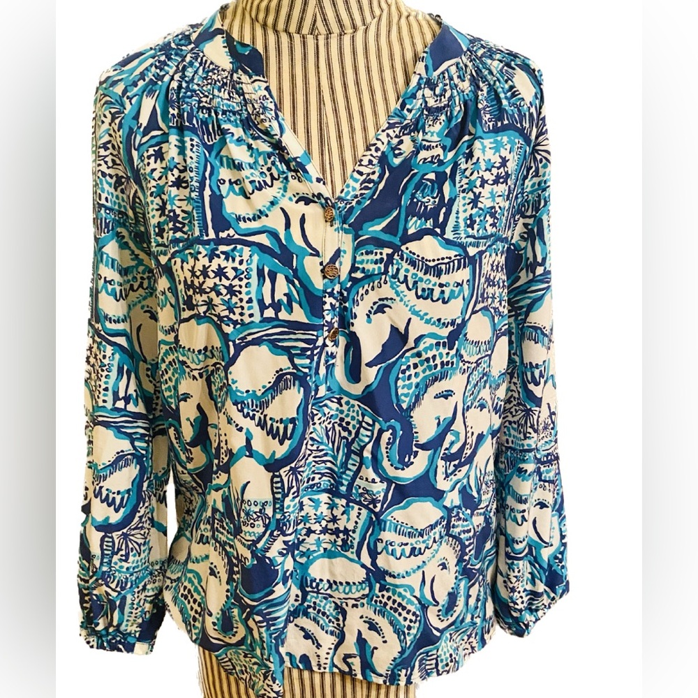 Lilly Pulitzer Elephant Print Silk Elsa Top.